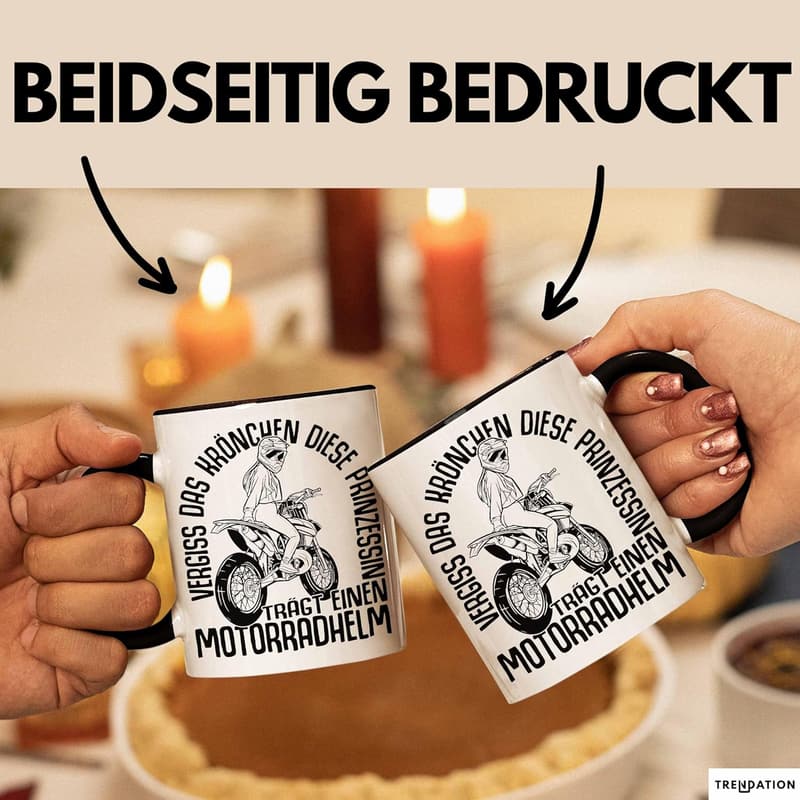 Motorradfahrerin Tasse für Frauen mit Helm-Design (Schwarz)