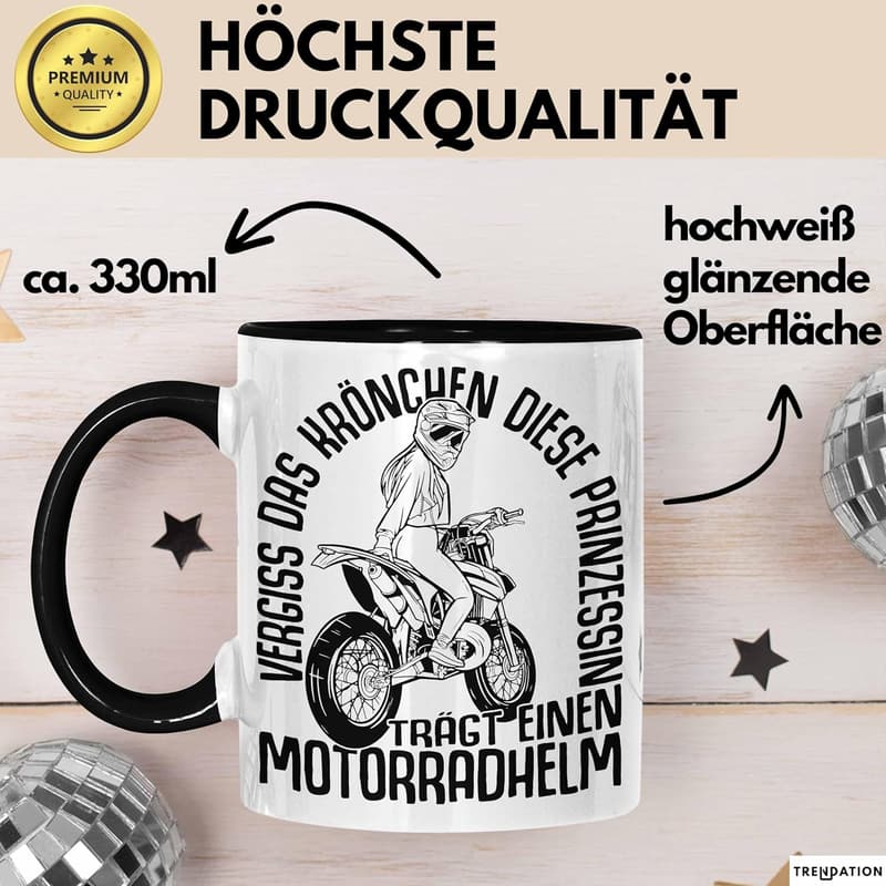 Motorradfahrerin Tasse für Frauen mit Helm-Design (Schwarz)