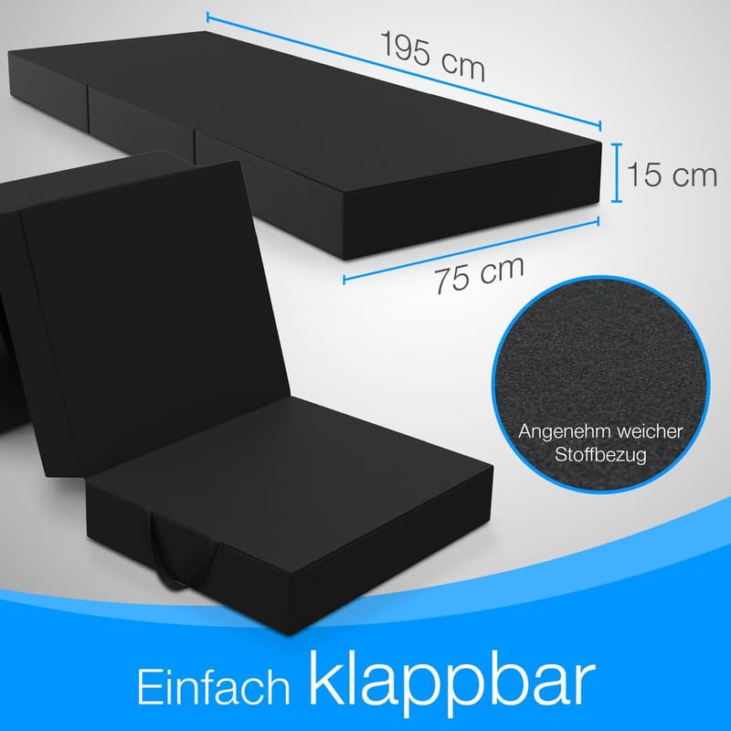 Faltmatratze für Erwachsene, 15 cm dick, waschbar, schwarz, 75 x 195 cm