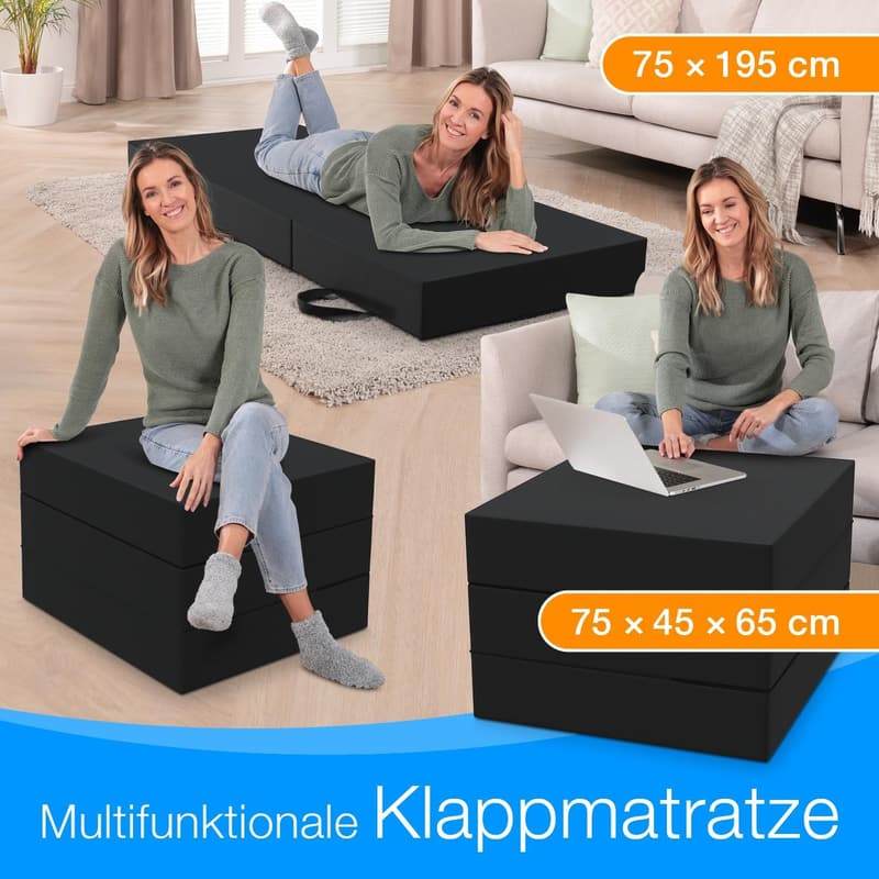 Faltmatratze für Erwachsene, 15 cm dick, waschbar, schwarz, 75 x 195 cm