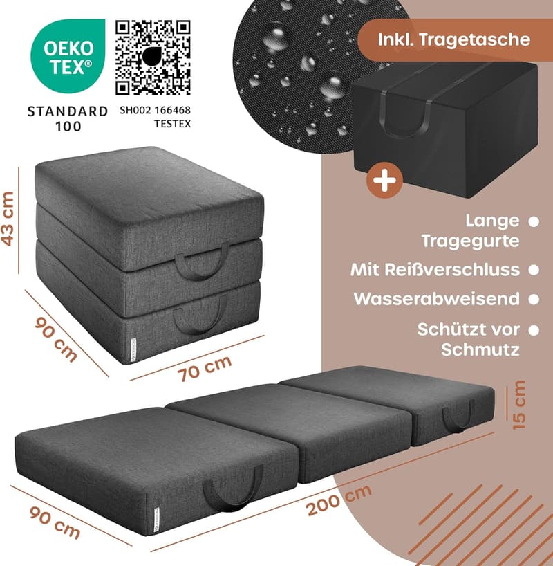 Klappmatratze 90 cm, 15 cm dick, atmungsaktiv, inkl. Tragetasche
