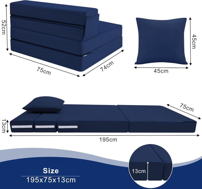 Faltbare Klappmatratze für Gäste, 75x195cm, Hochdichter Schaumstoff, Blau