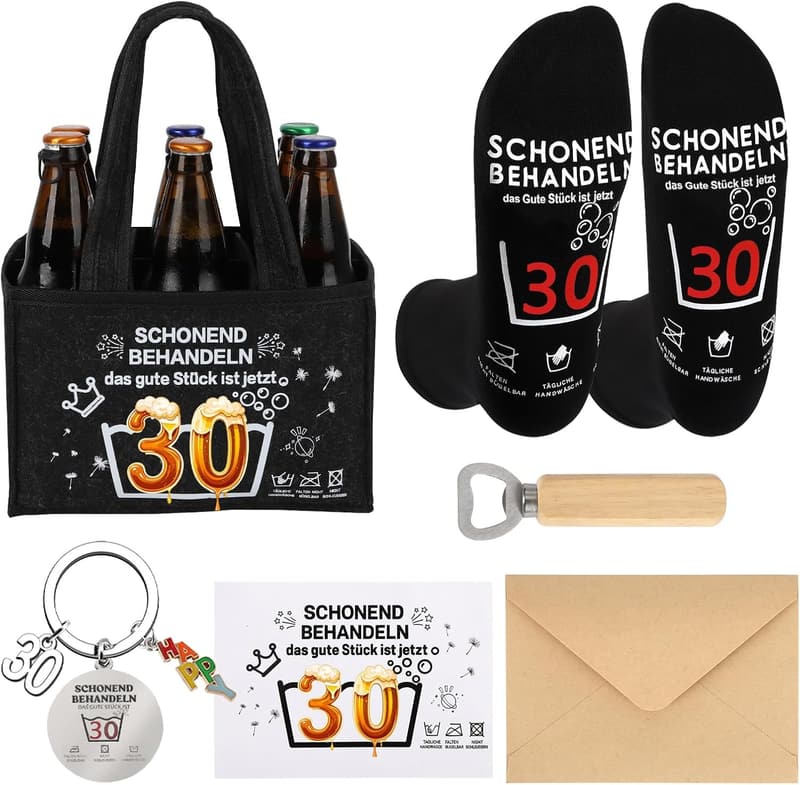 Lustige Männerhandtasche mit Flaschenöffner und Socken – zum 30. Geburtstag