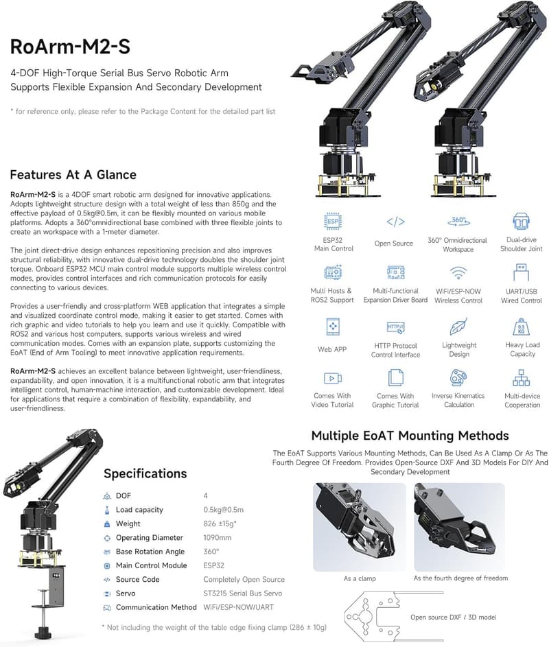 Waveshare Roboterarm-Bausatz 4-DOF mit ESP-Now, Open Source und Lernmaterial