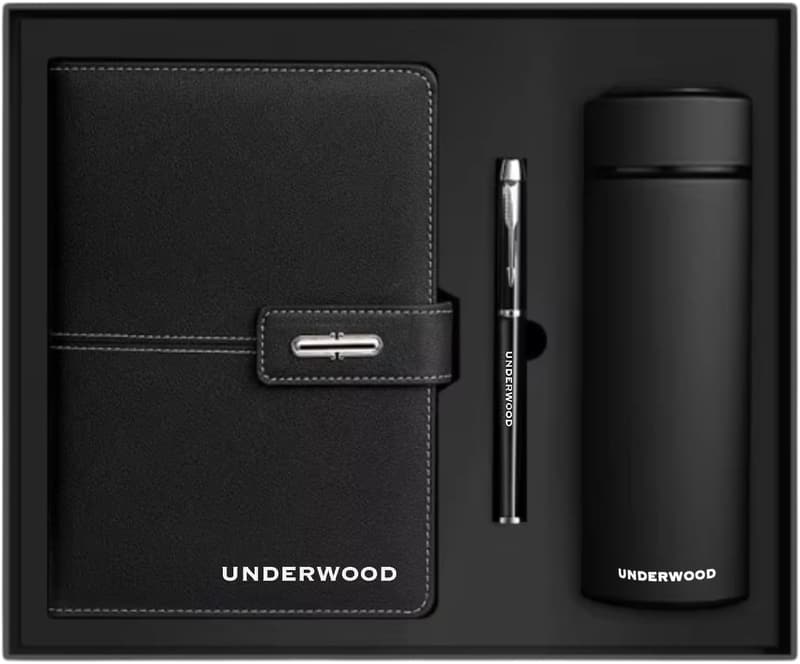 Hochwertiges UNDERWOOD Notizbuch Geschenkset mit Kugelschreiber und Thermoskanne
