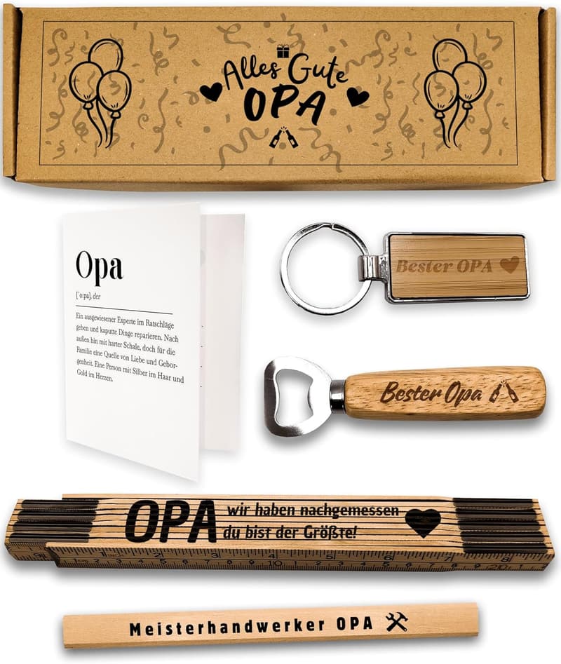 Opa Geburtstagsgeschenkset mit Flaschenöffner, Zollstock, Bleistift & Schlüsselanhänger