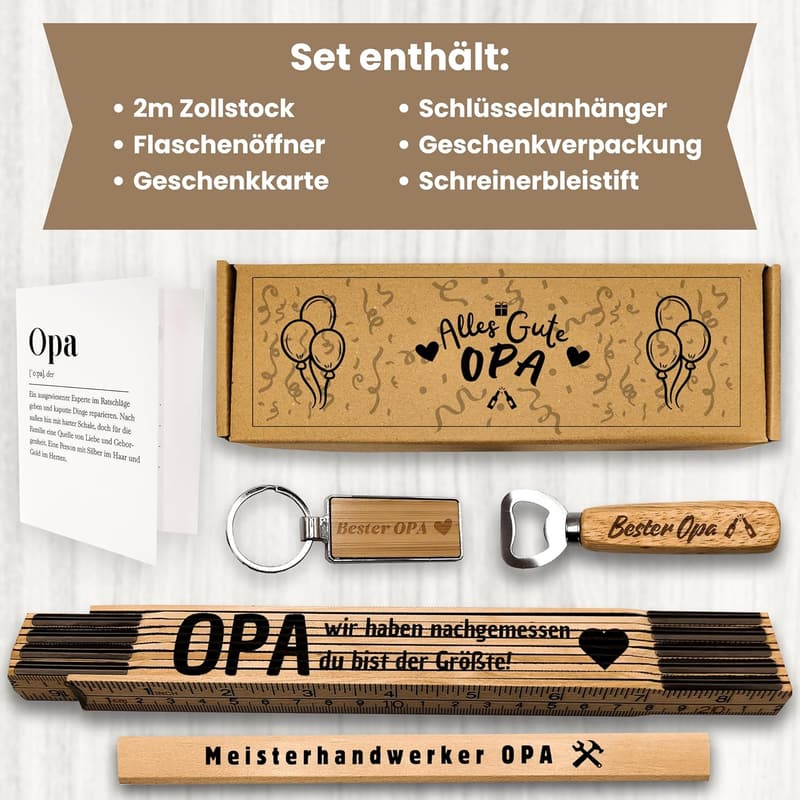 Opa Geburtstagsgeschenkset mit Flaschenöffner, Zollstock, Bleistift & Schlüsselanhänger