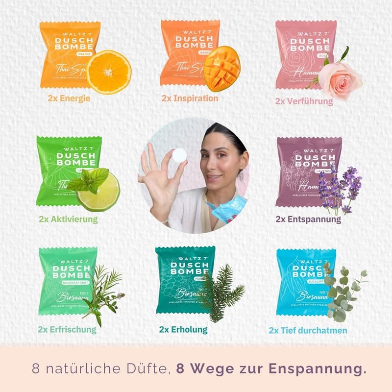 Wellness Duschbomben Set mit 16 Stück - 8 Düfte für Frauen und Männer