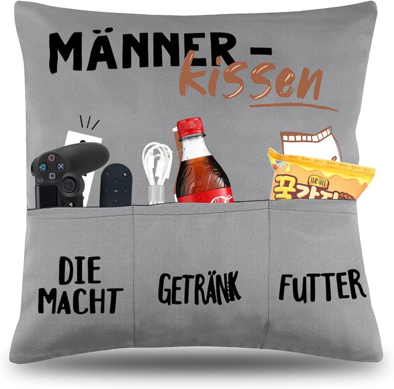 Originelles Dekokissen für Männer mit Taschen für Bier und Snacks