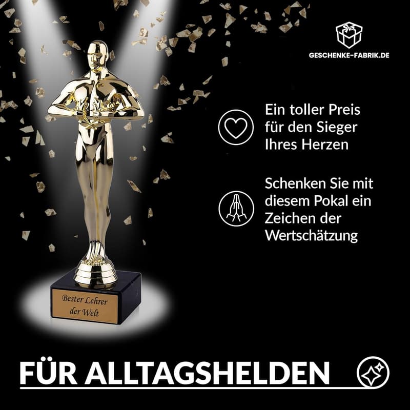 Goldener Pokal mit Gravur „Bester Lehrer“ - Abschiedsgeschenk Lehrer 24 cm