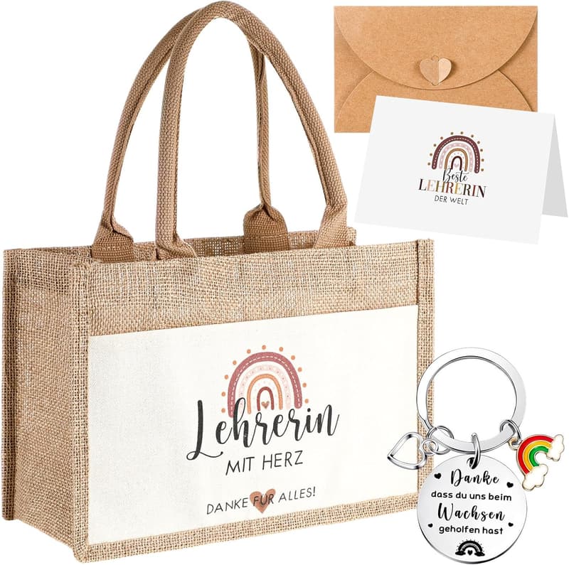 Danke Geschenke Set für Lehrer: Jute Handtasche & gravierter Schlüsselanhänger