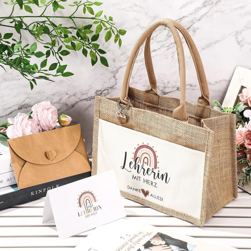 Danke Geschenke Set für Lehrer: Jute Handtasche & gravierter Schlüsselanhänger