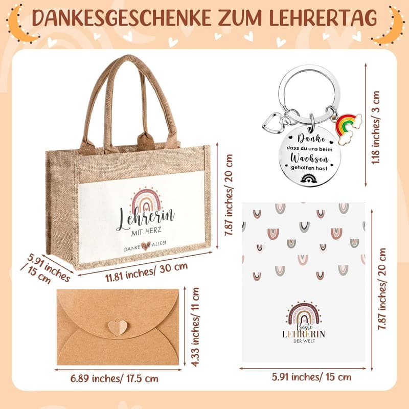 Danke Geschenke Set für Lehrer: Jute Handtasche & gravierter Schlüsselanhänger