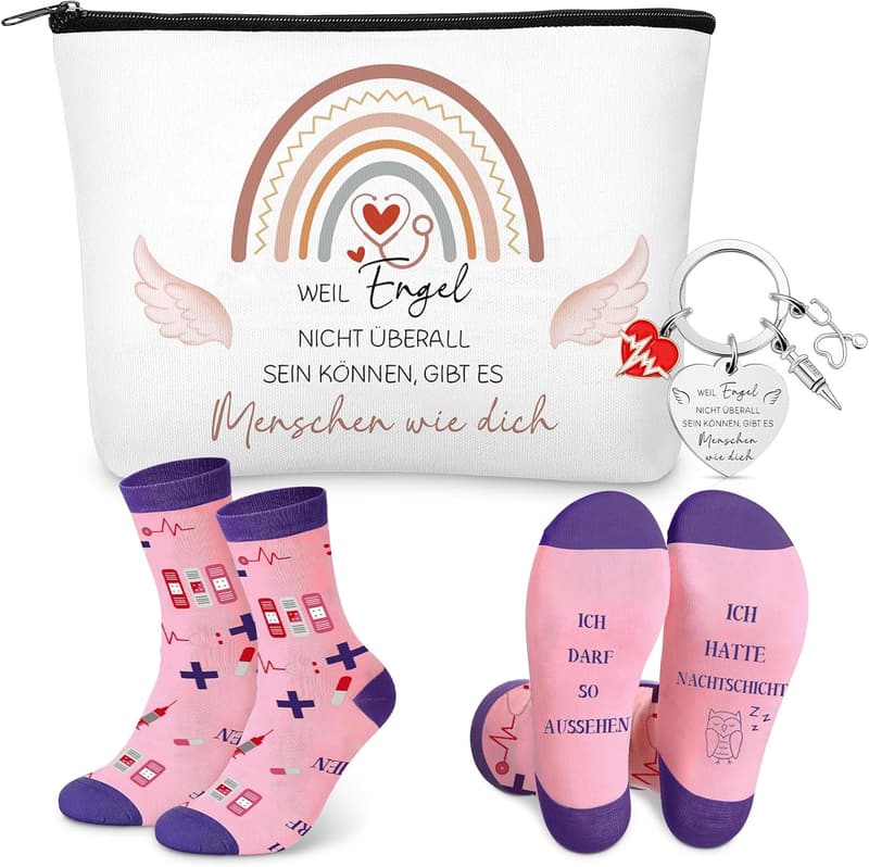 Dankeschön-Geschenkset für Pflegekräfte mit Socken, Schlüsselanhänger und Kosmetiktasche