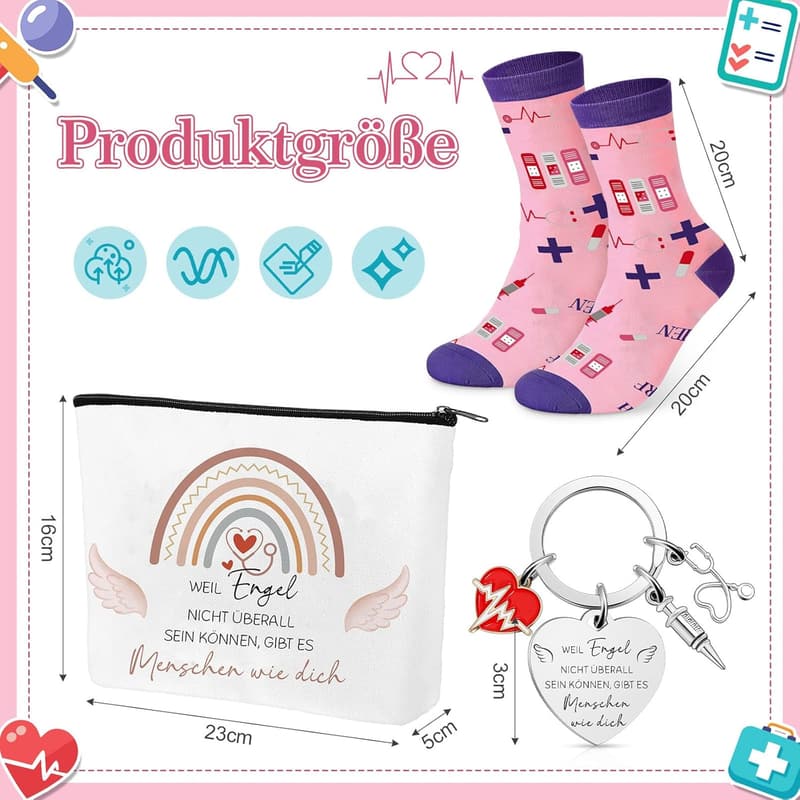 Dankeschön-Geschenkset für Pflegekräfte mit Socken, Schlüsselanhänger und Kosmetiktasche