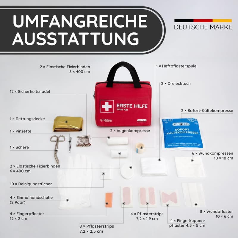 Erste-Hilfe-Set mit Wundspray, Kältekompressen und Pflastern