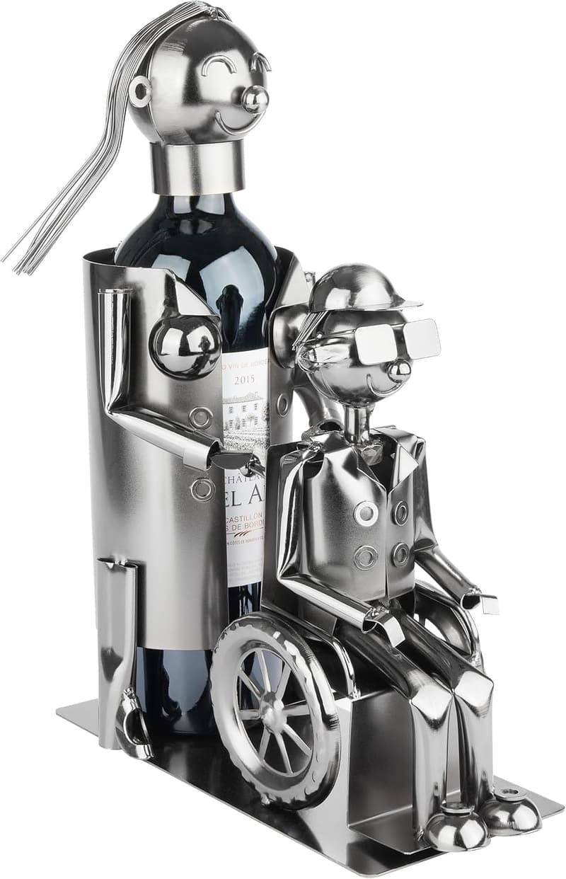 Weinflaschenhalter Metall Skulptur Rollstuhlfahrer - Geschenk für Pflegekräfte