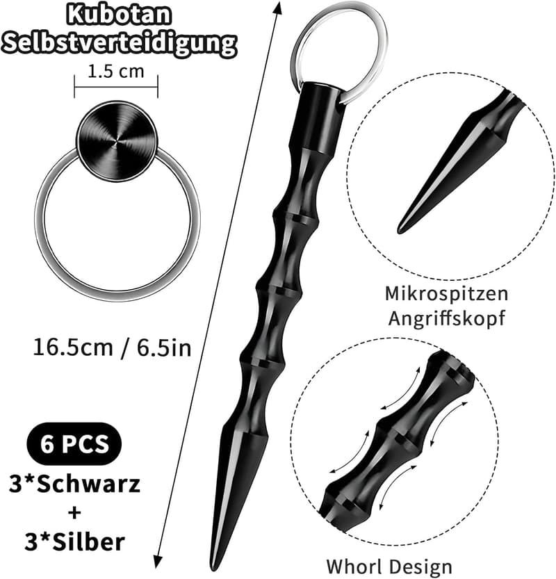 Selbstverteidigungs-Kubotan-Set für Frauen – 6 Schlüsselanhänger in Schwarz und Silber