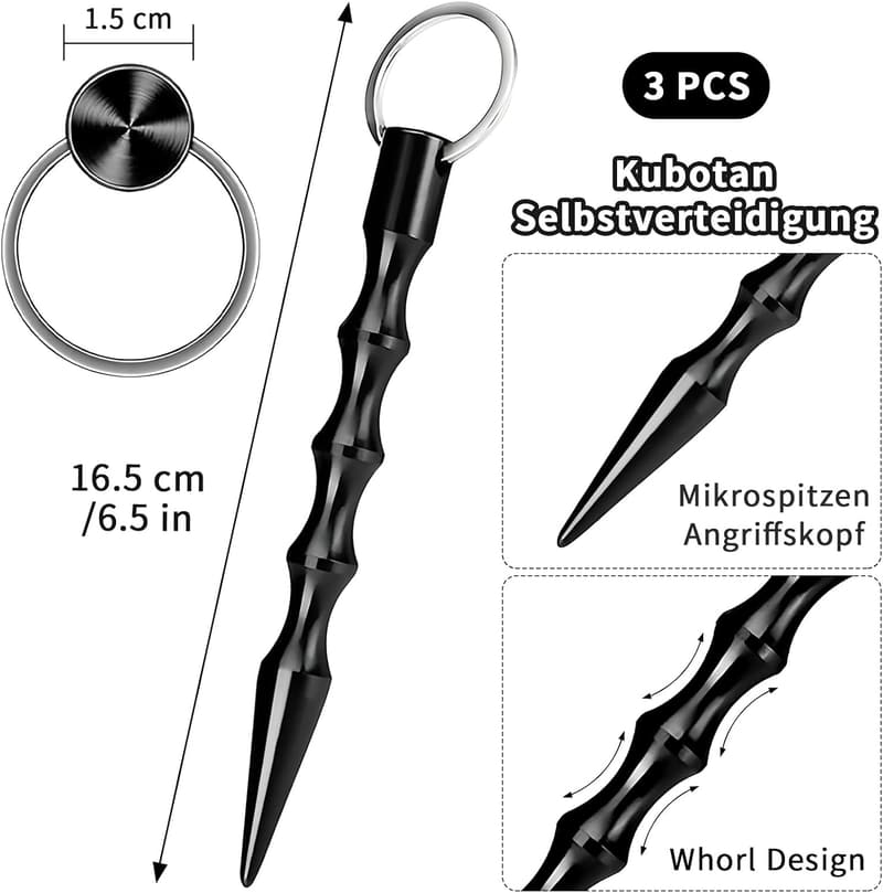 Selbstverteidigungs-Kubotan für Frauen im 3er Set - Schwarz