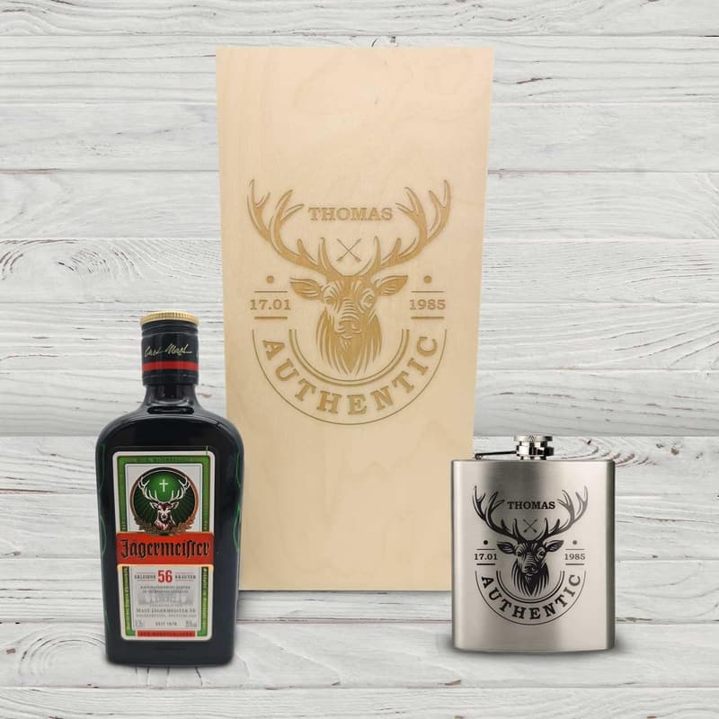 Graviertes Flachmann-Geschenkset für Papa - Edelstahl 150 ml mit Jägermeister und Holzkiste