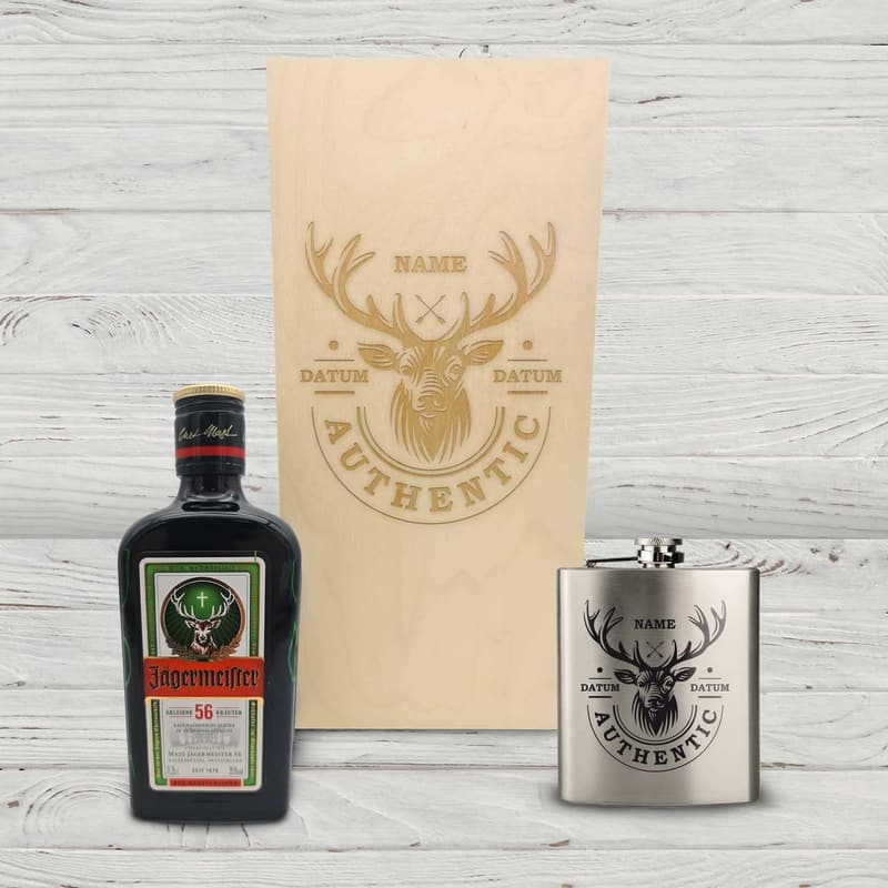 Graviertes Flachmann-Geschenkset für Papa - Edelstahl 150 ml mit Jägermeister und Holzkiste