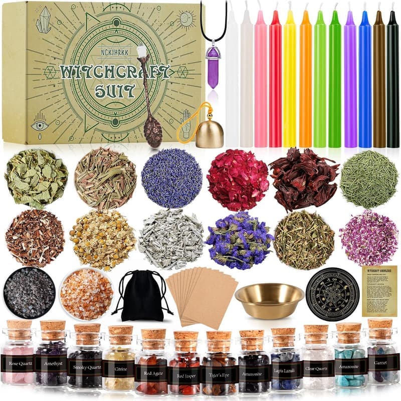 Hexen Starter Kit mit Kerzen, Kristallen und Amethyst Pendel für Damen