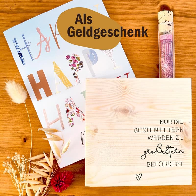 Geschenk zur Geburt für Großeltern - Holzbild mit Reagenzglas