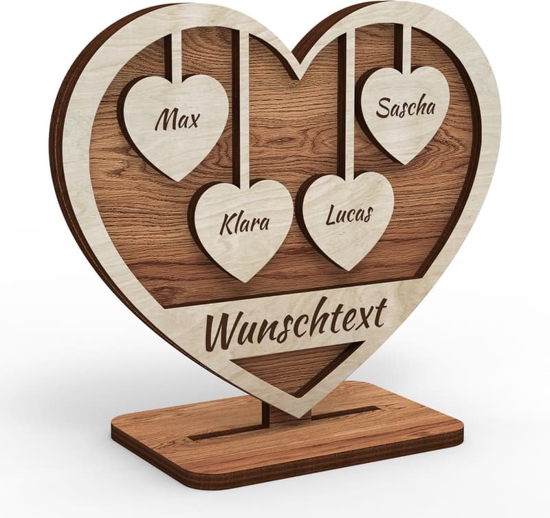 Personalisierte Holzherz-Deko mit 4 Namen - Geschenk für Großeltern, Muttertag