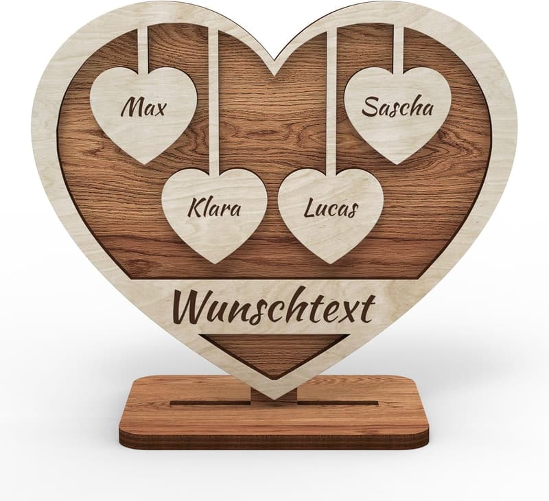 Personalisierte Holzherz-Deko mit 4 Namen - Geschenk für Großeltern, Muttertag