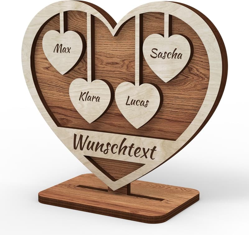 Personalisierte Holzherz-Deko mit 4 Namen - Geschenk für Großeltern, Muttertag