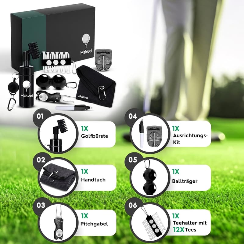 Golfzubehör-Set für Golfer (6 in 1) - Reinigungsbürste, Pitchgabel, Golfhandtuch