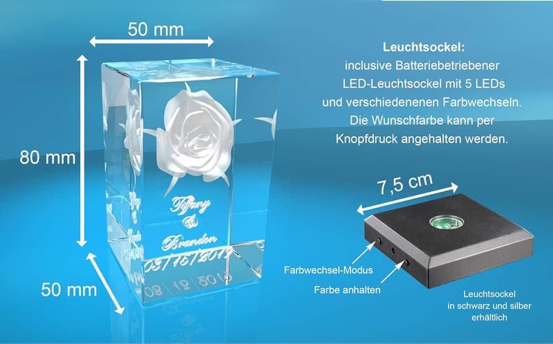 Personalisierter 3D Glas Kristall Quader mit Rose und Namen – Geschenk für Paare
