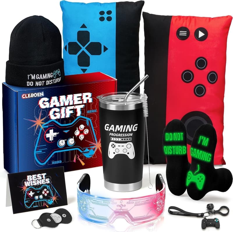 Luminous Gamer Geschenkset für Männer und Jungen - Flasche, Socken, Mütze, Kissenbezüge