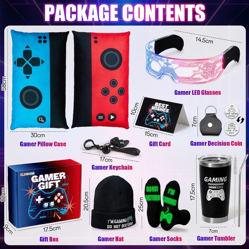 Luminous Gamer Geschenkset für Männer und Jungen - Flasche, Socken, Mütze, Kissenbezüge