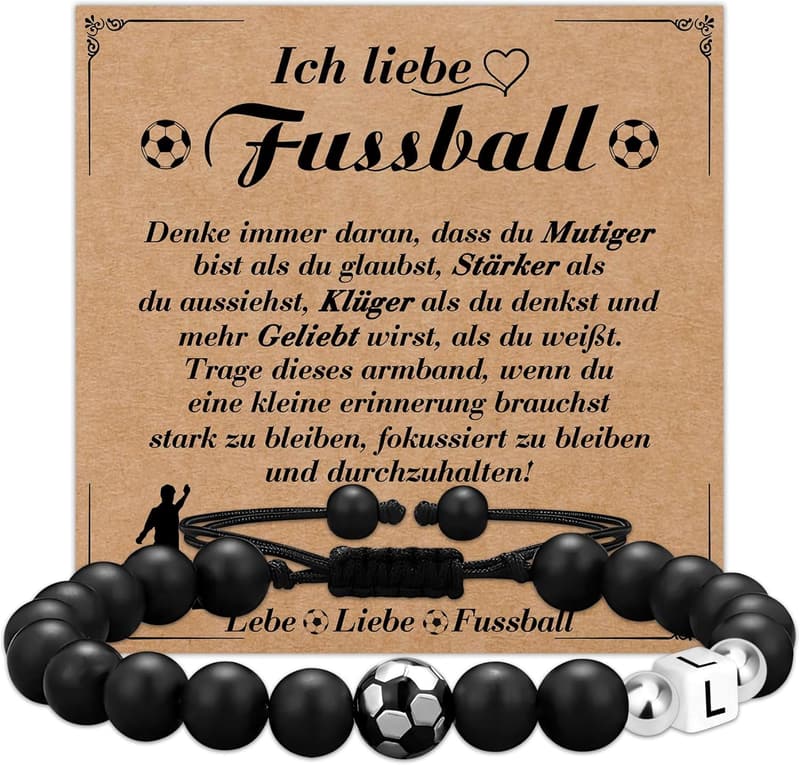 Fußballarmband aus Naturstein mit Buchstabenanhänger für Jungen