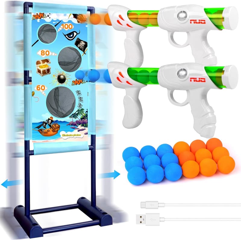 Bewegliche Zielscheibe Set für Schießspiele - 2 Pcs Popper Pistole mit 18 Schaumbällen, Outdoor Spielzeug für Kinder ab 5 Jahren