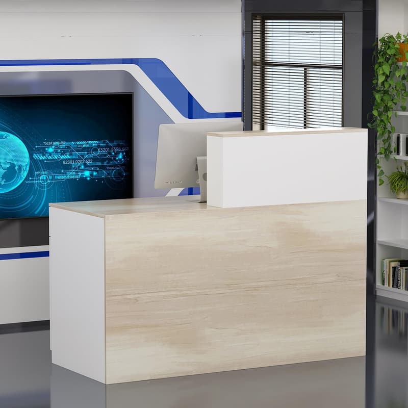 Rezeptionstheke aus MDF mit offenen Fächern, 140x60x110 cm, Holzweiß