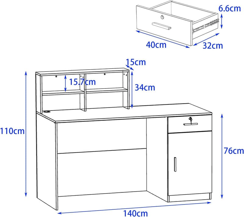Rezeptionstheke aus MDF mit offenen Fächern, 140x60x110 cm, Holzweiß