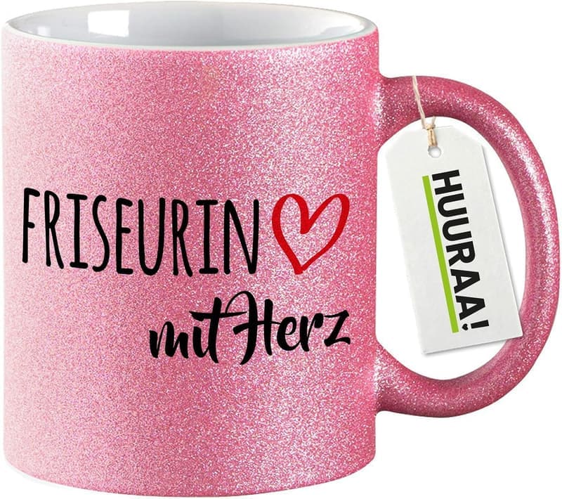 Geschenk für Friseure: Pinker Glitzer-Kaffeebecher 330ml