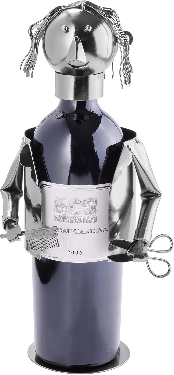Weinflaschenhalter für Friseure – Metall-Skulptur, 20 cm, inkl. Grußkarte
