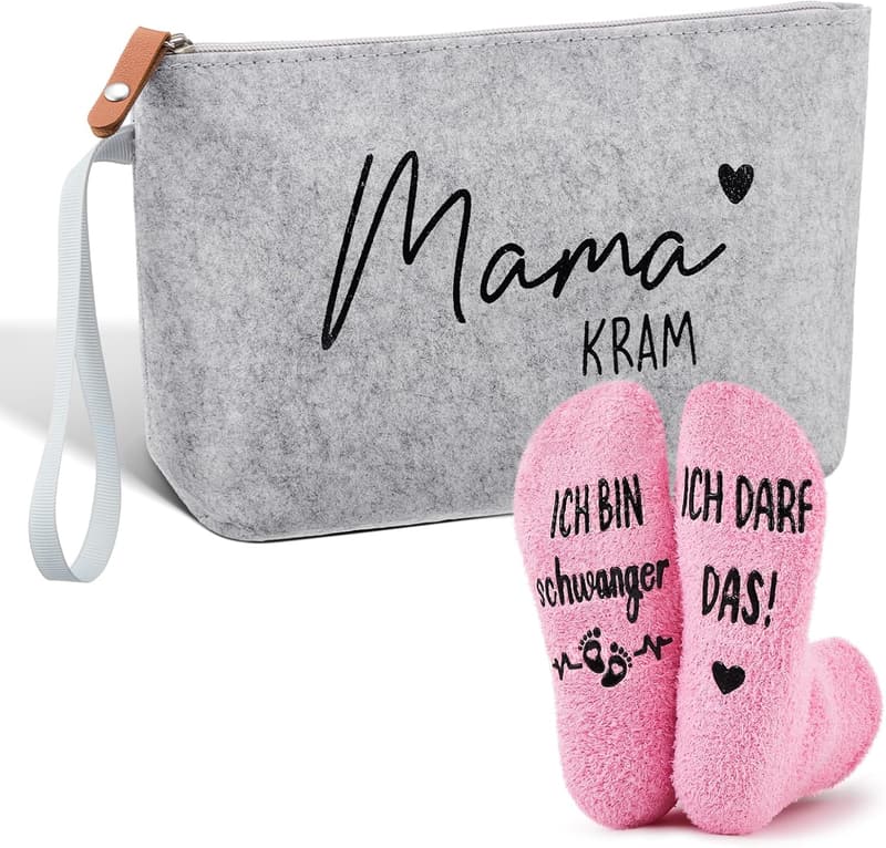 Geschenkset für werdende Mütter: Filz Kosmetiktasche & Socken
