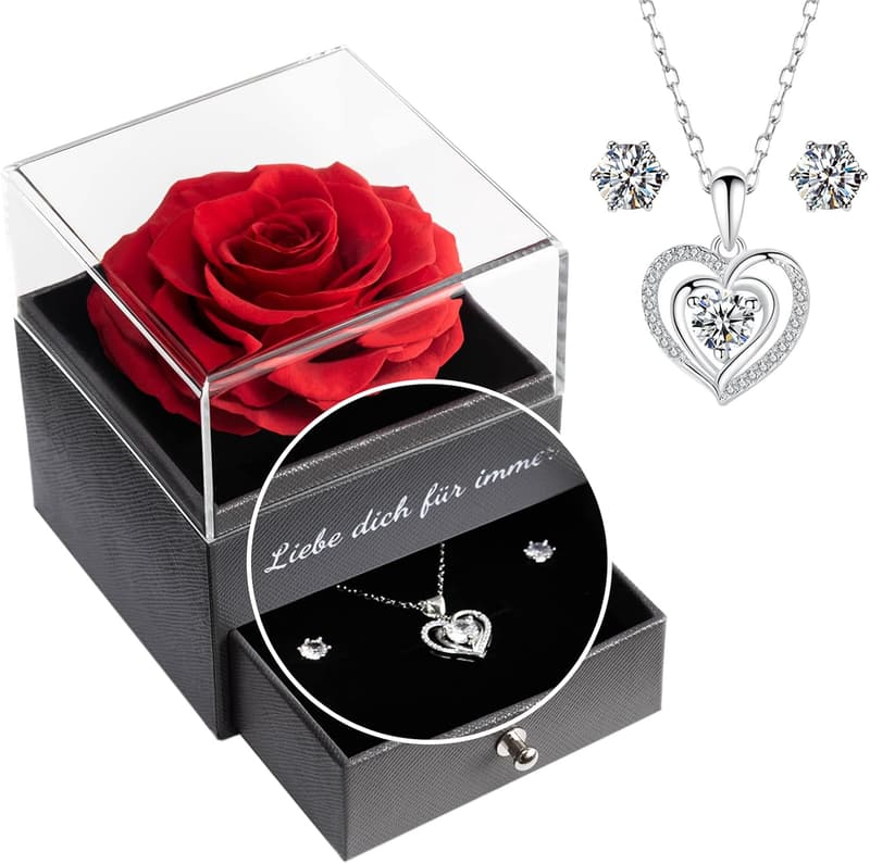 Ewige Rose mit Herz Halskette aus 925 Sterlingsilber für Frauen