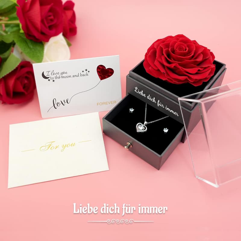 Ewige Rose mit Herz Halskette aus 925 Sterlingsilber für Frauen