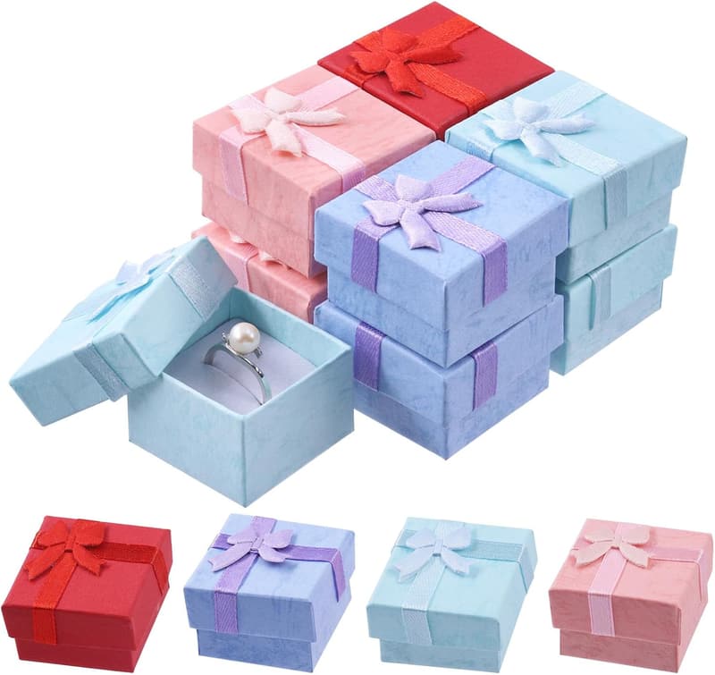 Karton Geschenkbox Set für Schmuck mit Band, 32 Stück, rot/pink/lila/blau