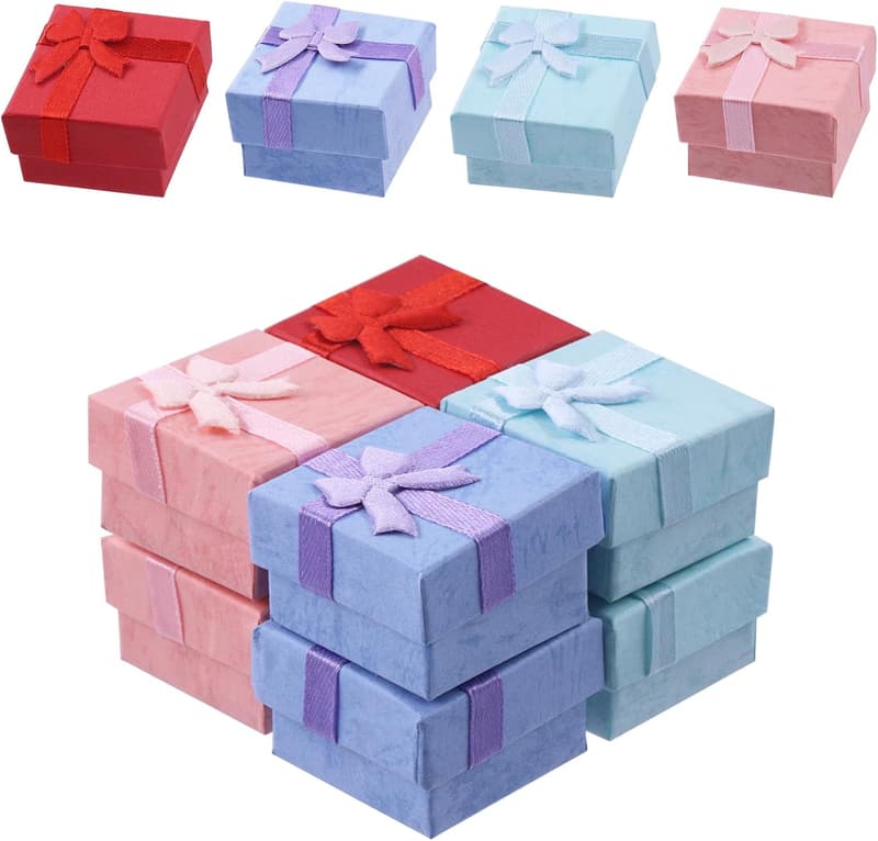 Karton Geschenkbox Set für Schmuck mit Band, 32 Stück, rot/pink/lila/blau