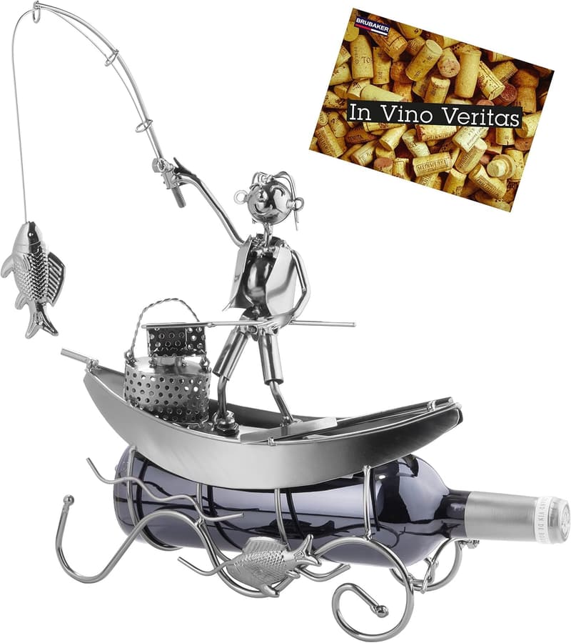 Fischers Flaschenhalter Skulptur aus Metall – Geschenk mit Karte