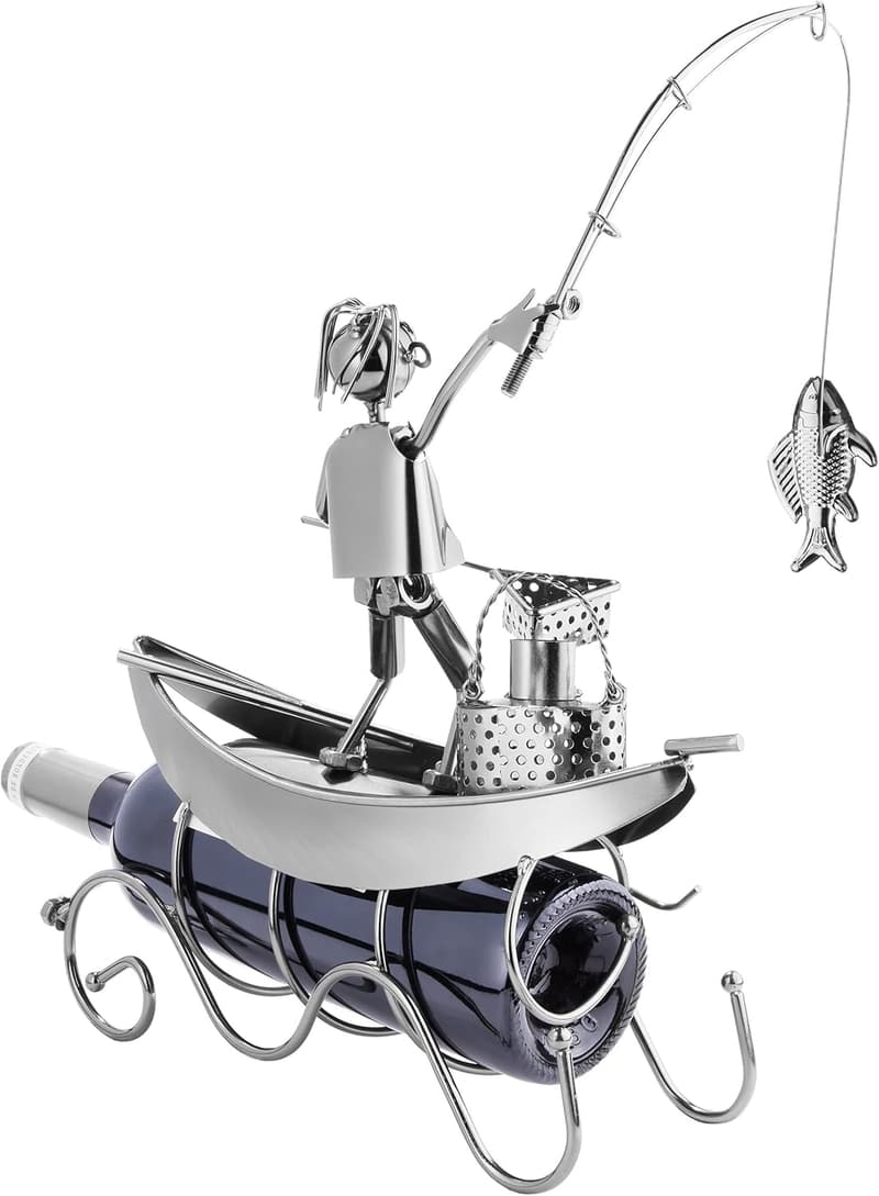 Fischers Flaschenhalter Skulptur aus Metall – Geschenk mit Karte