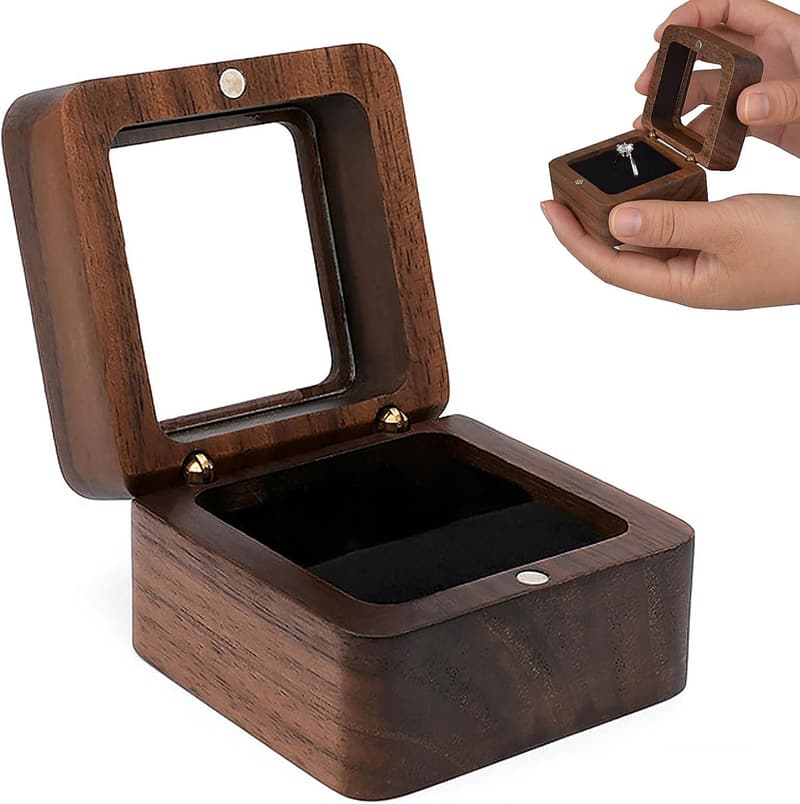 Verlobungsringbox aus Holz mit Samt-Innenauskleidung, tragbar 5,5x5,5x3,8 cm
