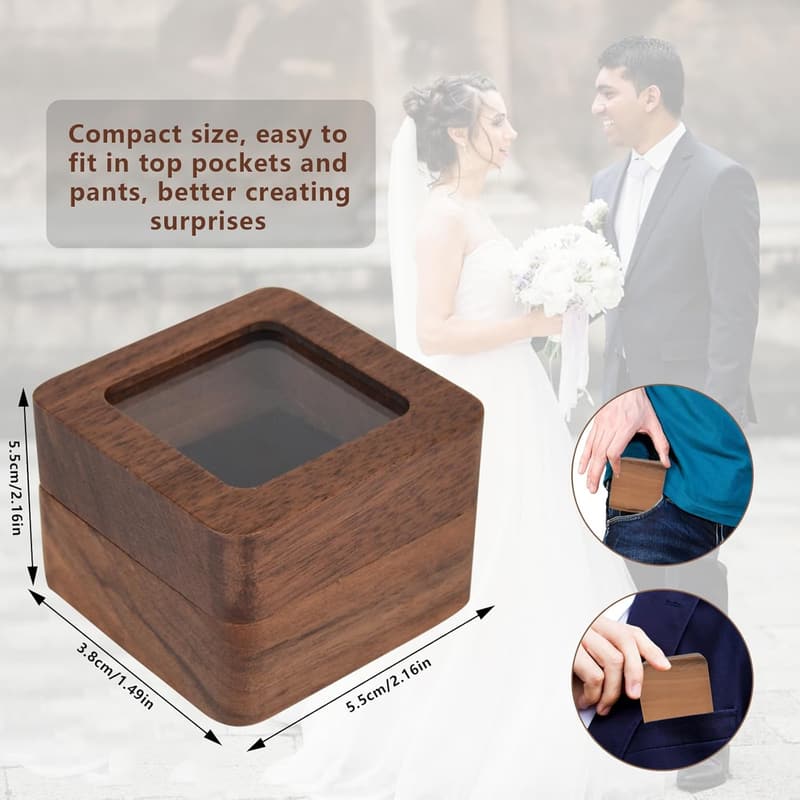Verlobungsringbox aus Holz mit Samt-Innenauskleidung, tragbar 5,5x5,5x3,8 cm
