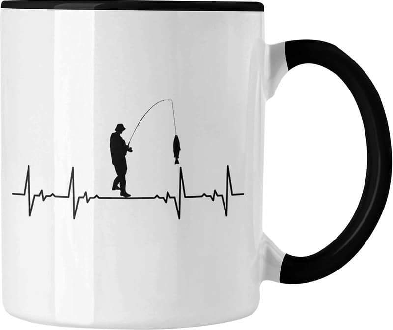 Lustige Angeltasse für Fischer mit Herzschlag-Motiv (Schwarz)